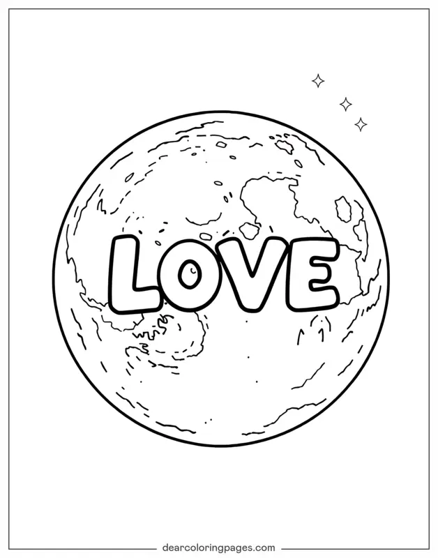 Día de San Valentín Dibujo para Colorear - "AMOR" Texto Descansa en la Superficie del Planeta